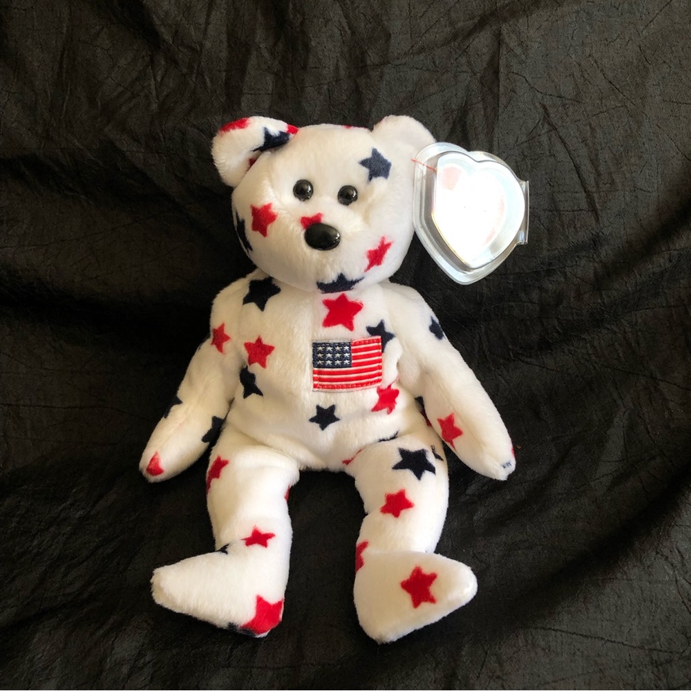 1998 Ty Glory Patriotic White Bear w Red and Blue Stars & Embroidered Flag NWT